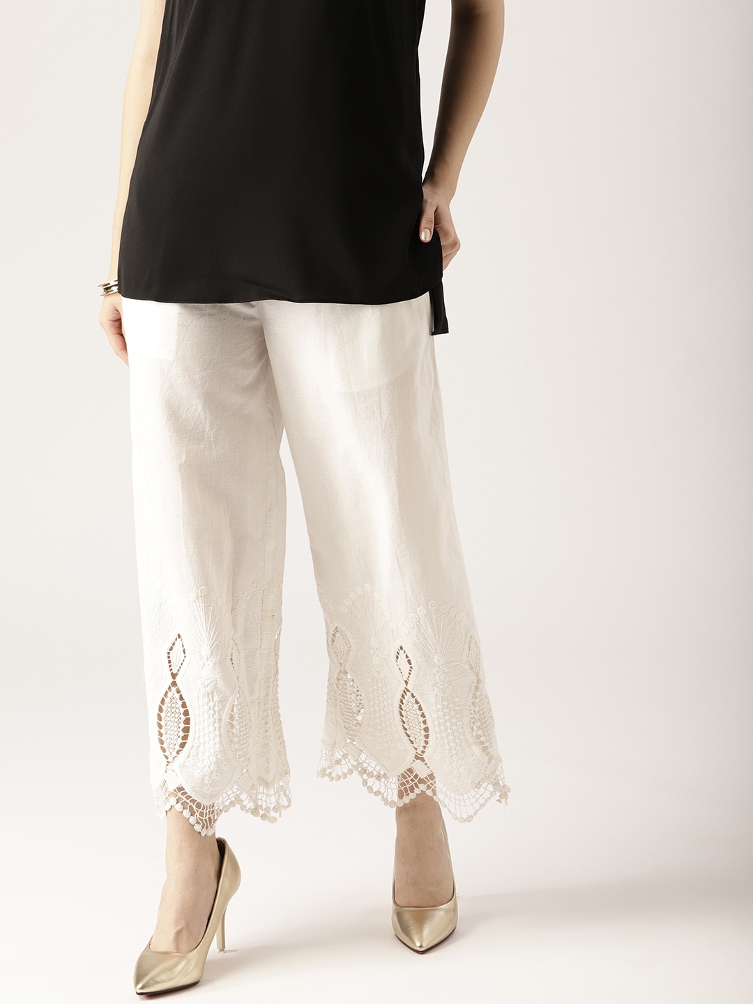 

Libas Women Off-White Hem Design Wide Leg Palazzos
