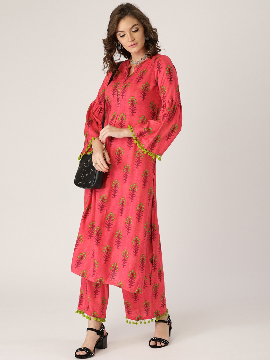 

Libas Women Coral Pink Printed Kurta with Palazzos