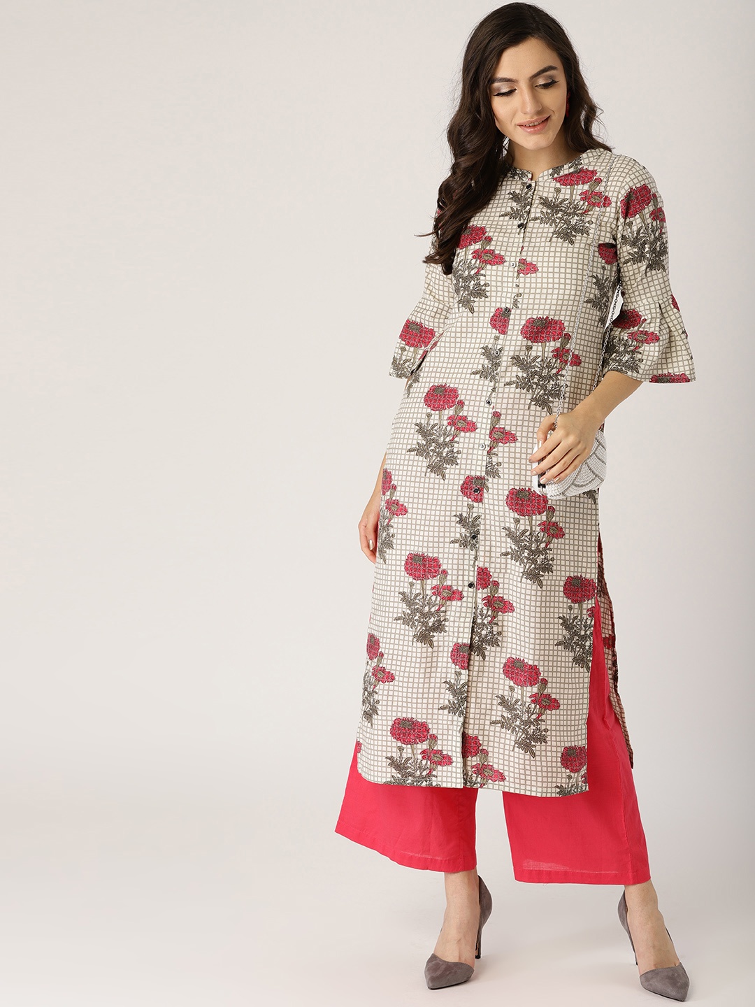 

Libas Women Off-White & Pink Floral Print Checked Straight Kurta