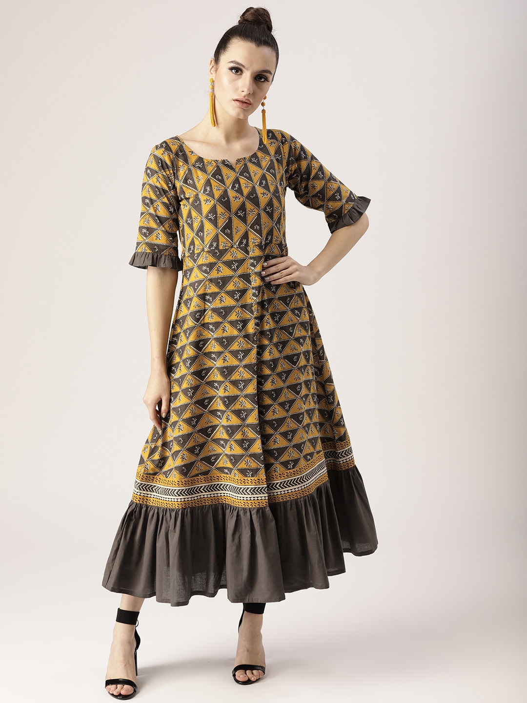 

Libas Women Charcoal Grey & Mustard Yellow Printed Maxi A-Line Dress