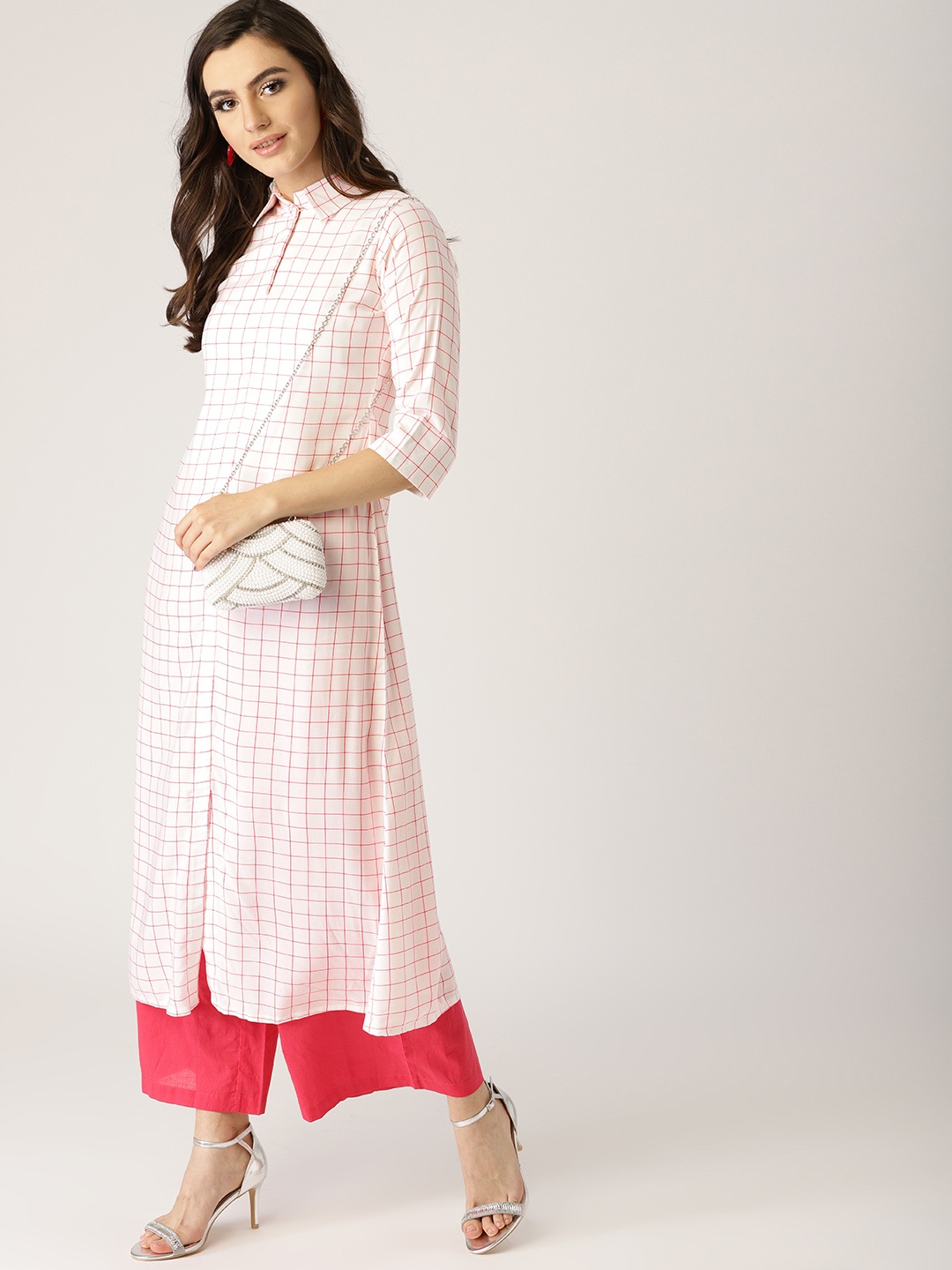 

Libas Women White & Red Checked A-Line Kurta