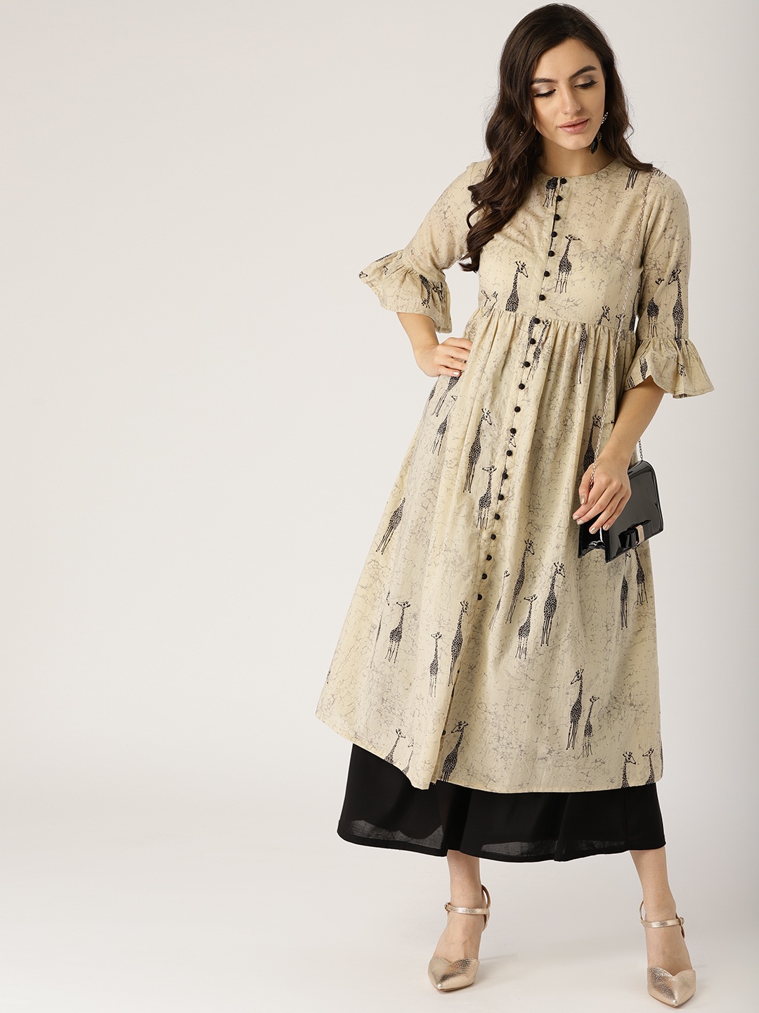 

Libas Women Beige & Black Quirky Print A-Line Kurta