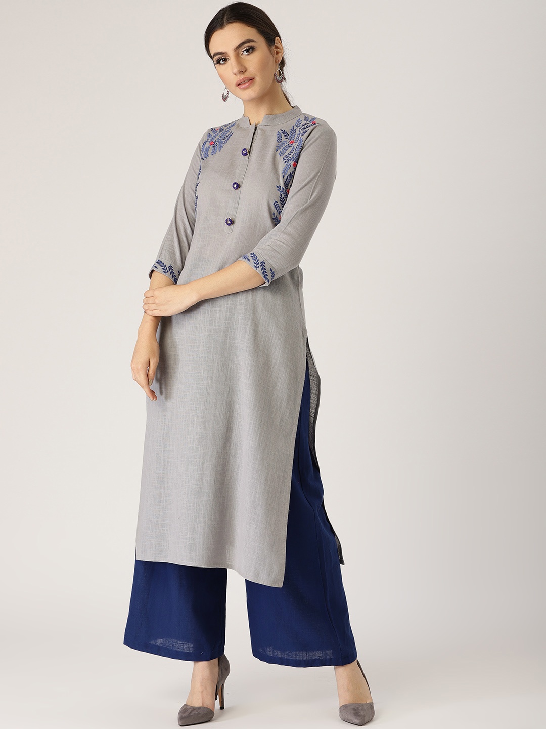 

Libas Women Grey Embroidered Detail Straight Kurta
