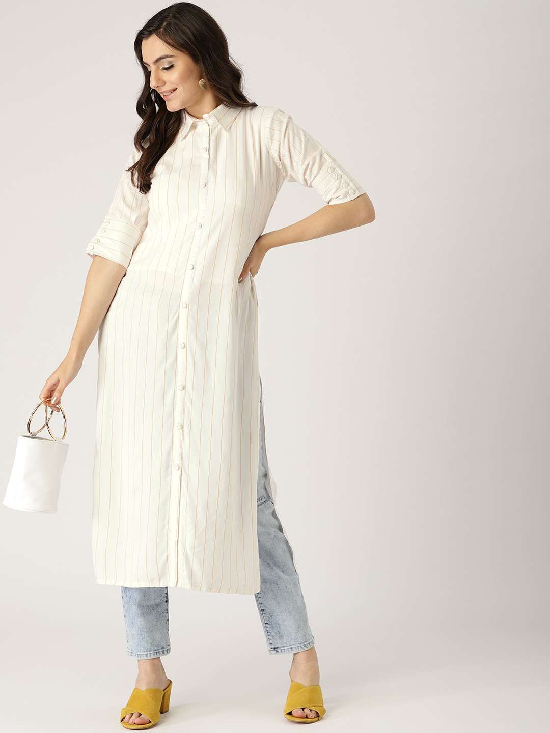 

Libas Women White & Yellow Striped Straight Kurta
