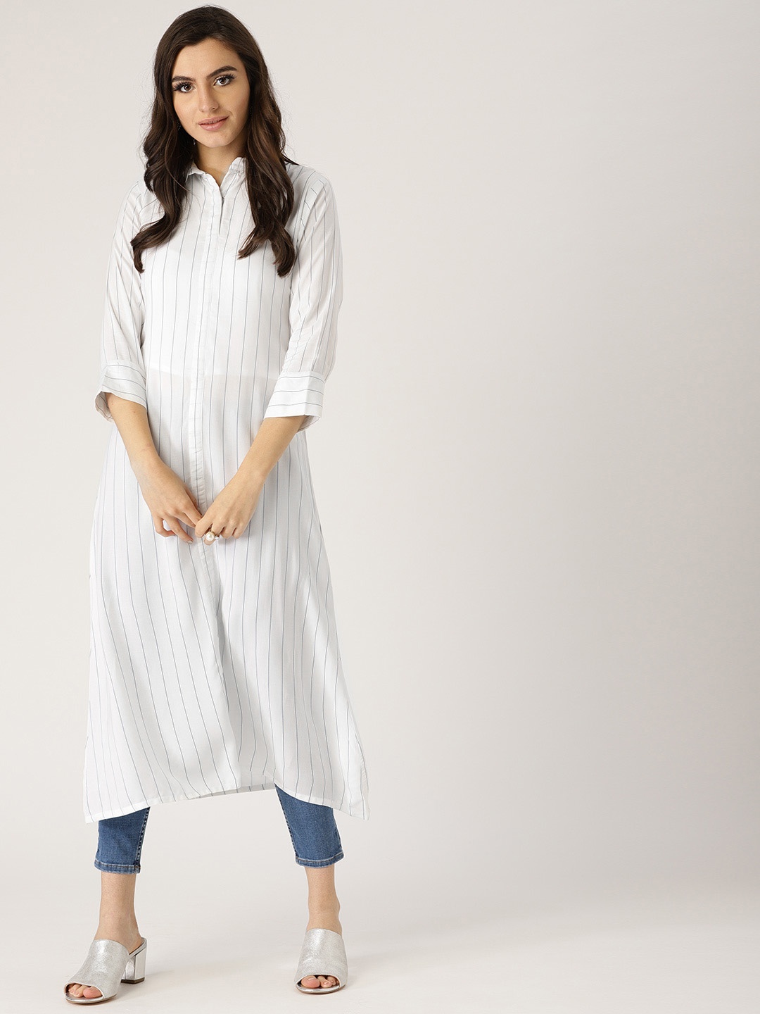 

Libas Women White & Navy Blue Striped Straight Kurta