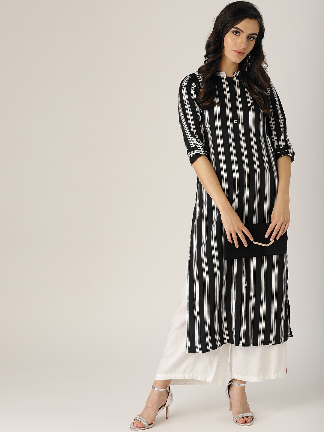 

Libas Women Black & White Striped Straight Kurta