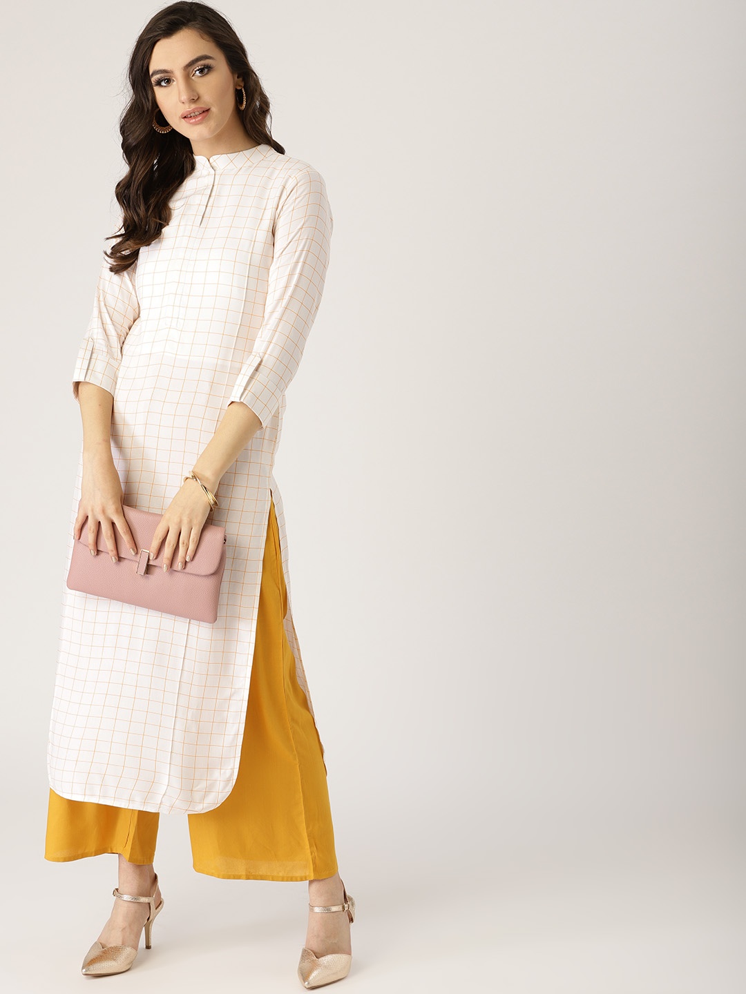 

Libas Women White & Orange Checked Straight Kurta