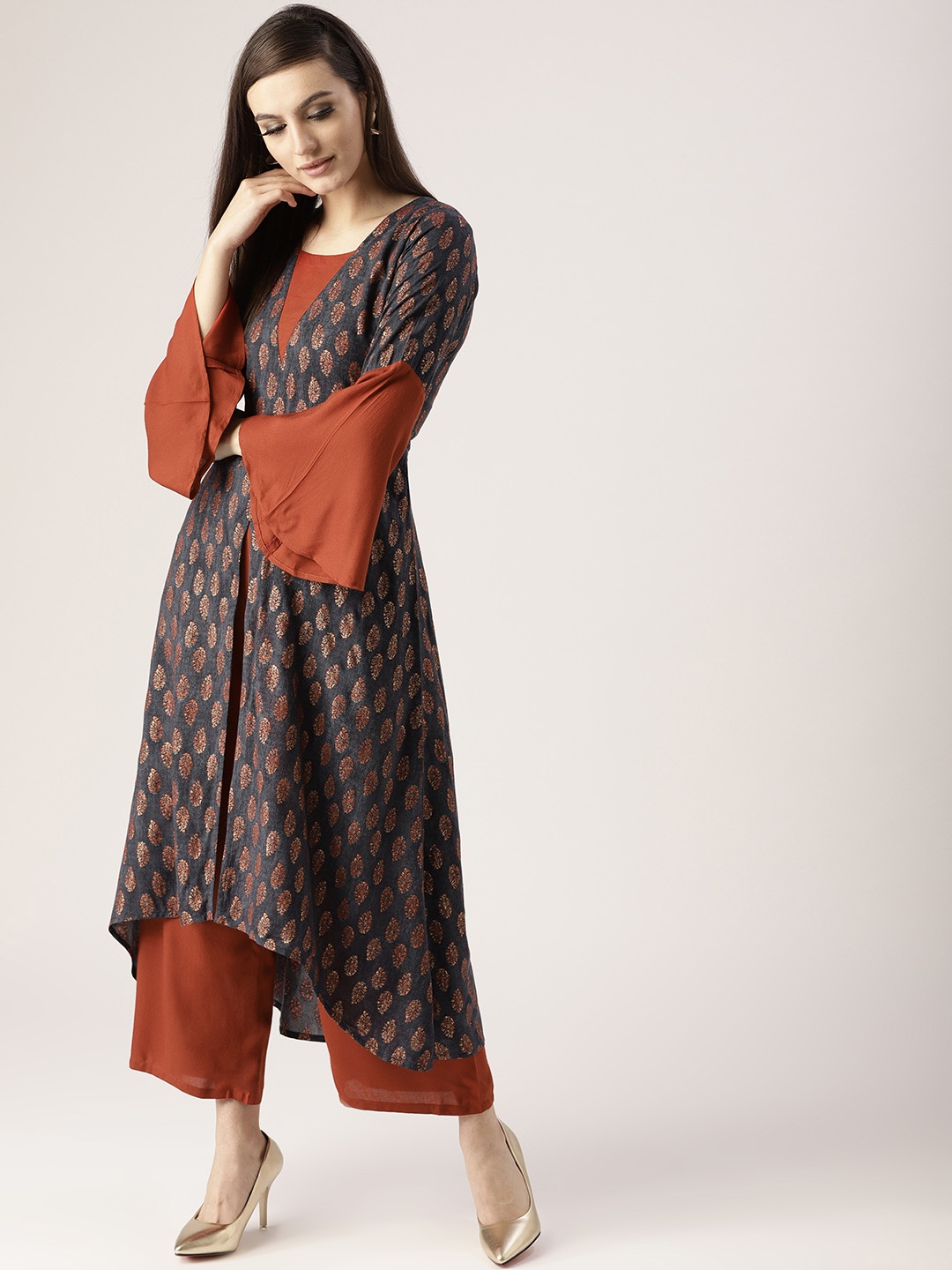 

Libas Women Charcoal Grey & Rust Brown Printed Kurta with Palazzos