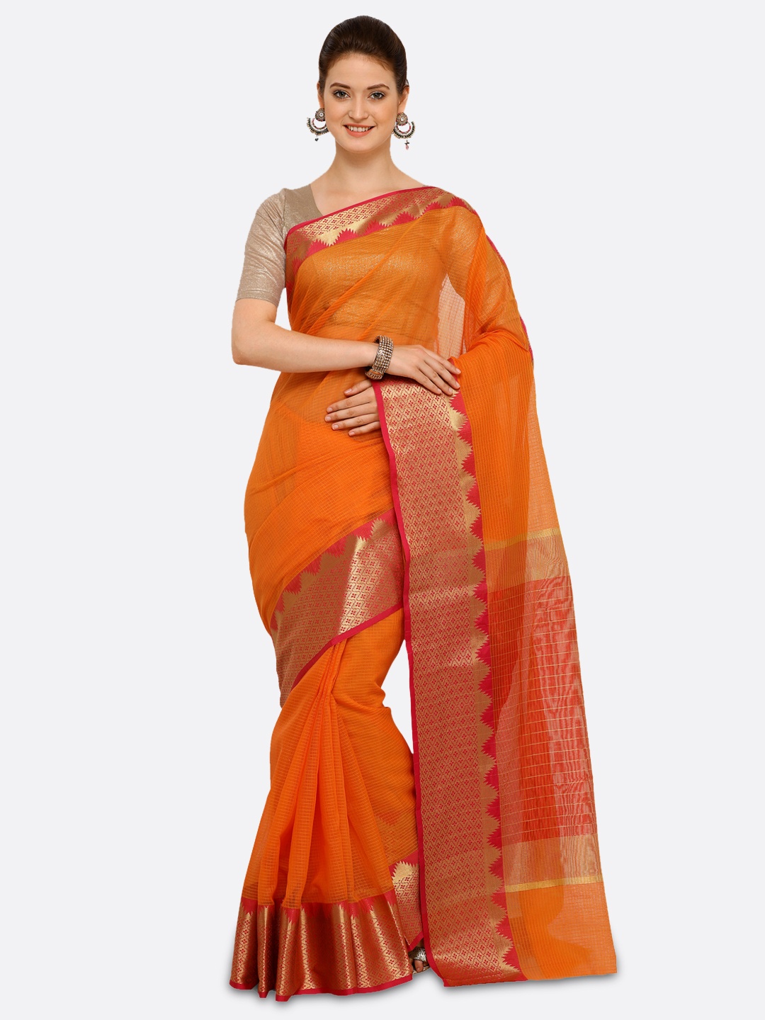 

Saree Mall Orange Art Silk Chanderi Saree with Unstitched Blouse