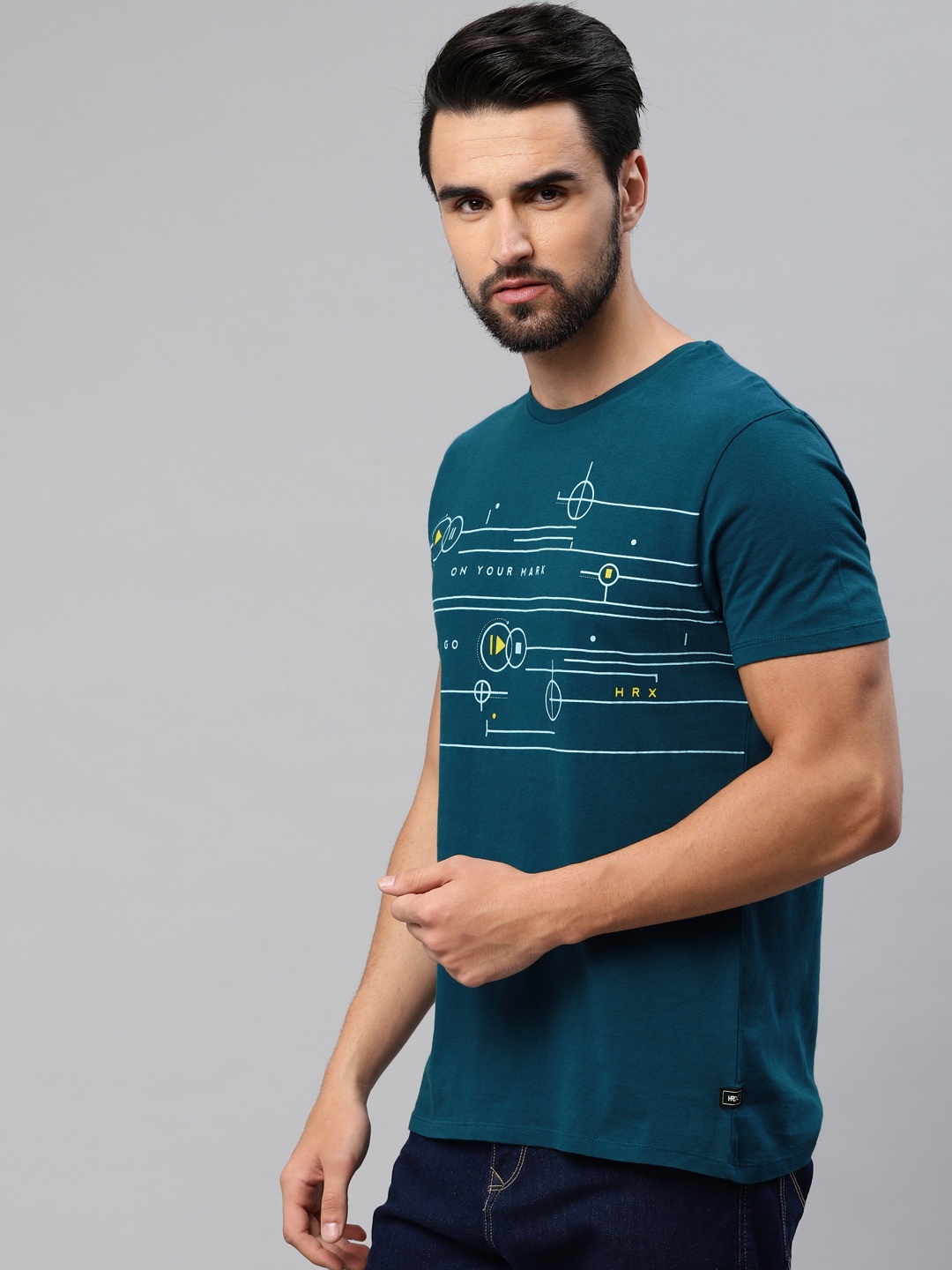 

HRX by Hrithik Roshan Men Teal Blue Printed Round Neck Athleisure Pure Cotton T-shirt