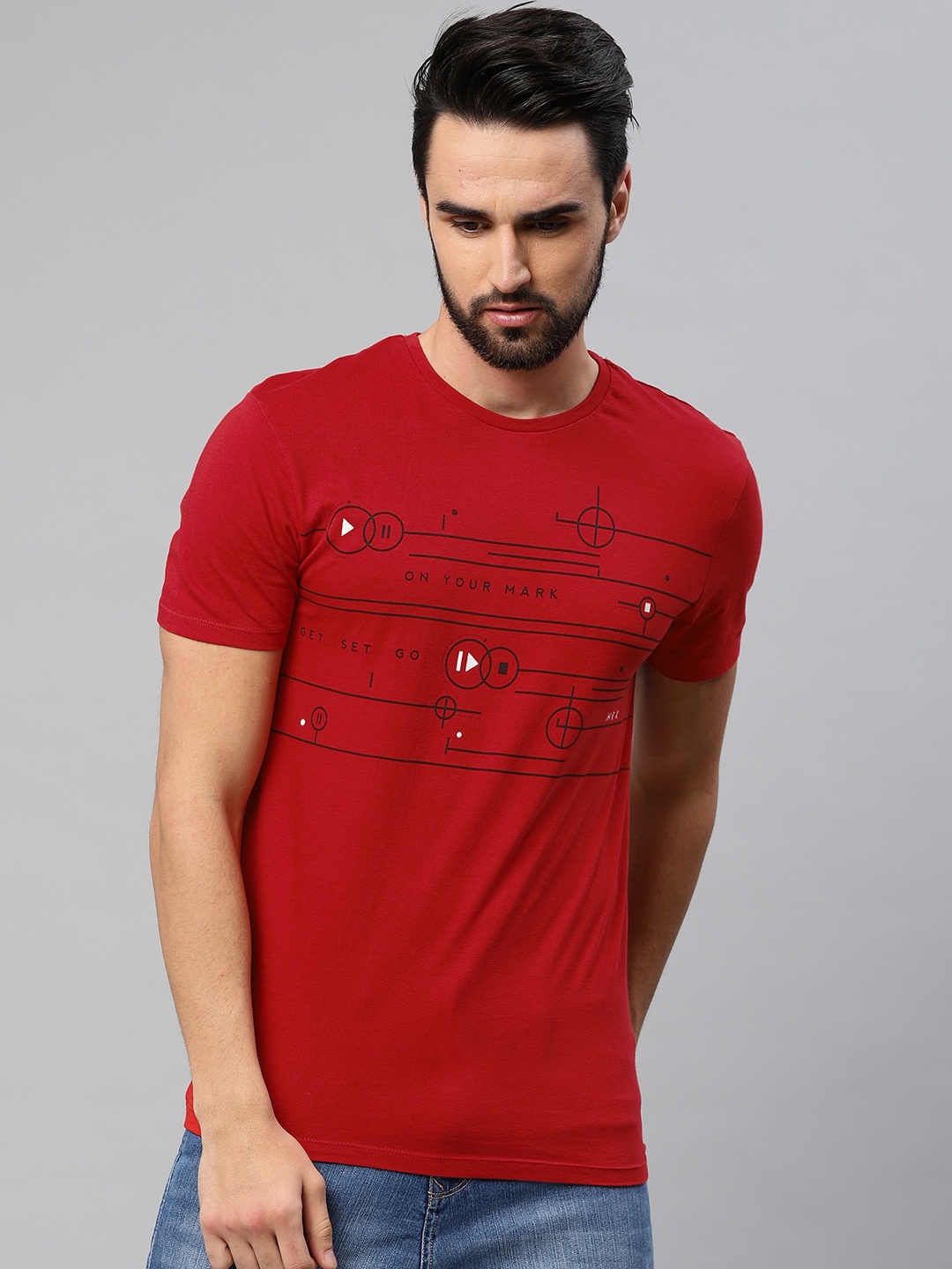 

HRX by Hrithik Roshan Men Red Printed Round Neck Athleisure Pure Cotton T-shirt