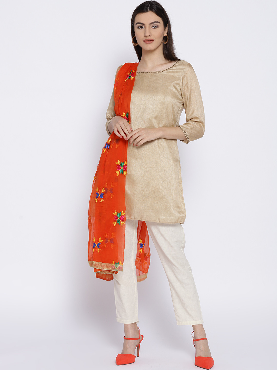 

WEAVERS VILLA Orange Embroidered Dupatta