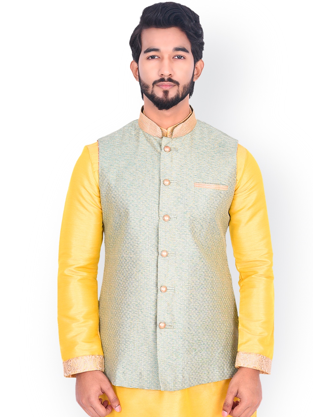 

Manyavar Men Green Woven Design Nehru Jacket