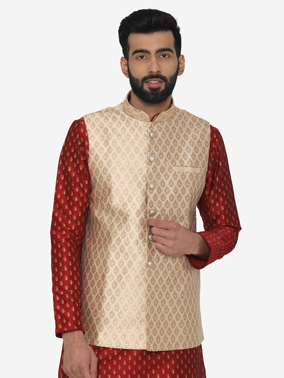 

Manyavar Men Beige Woven-Design Nehru Jacket