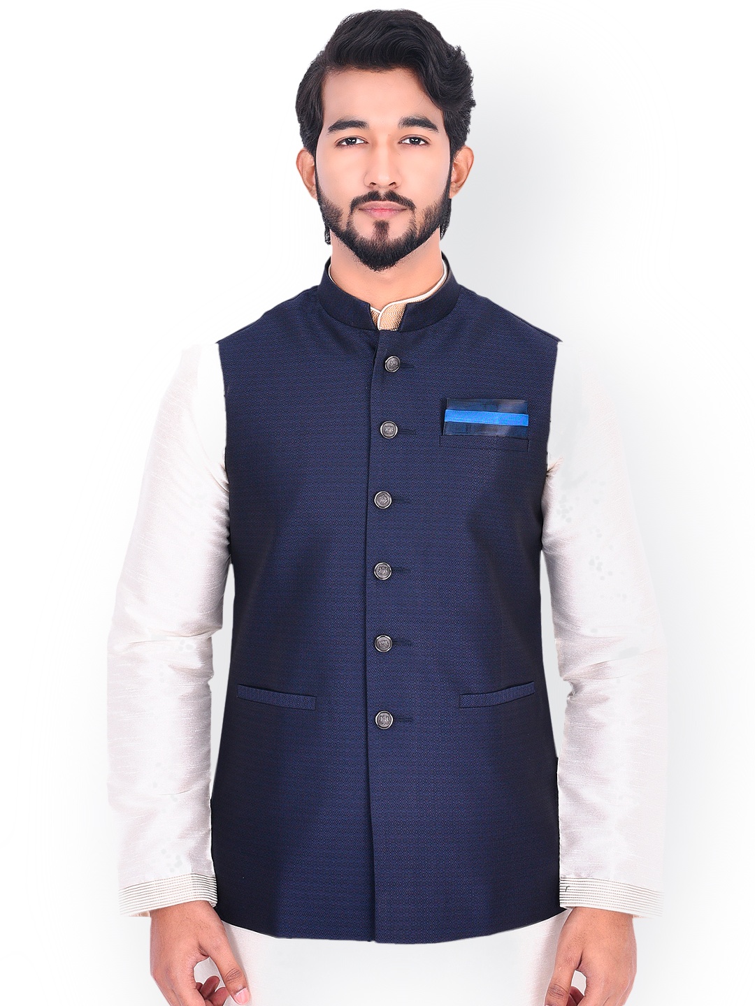 

Manyavar Men Navy Blue Woven Design Nehru Jacket