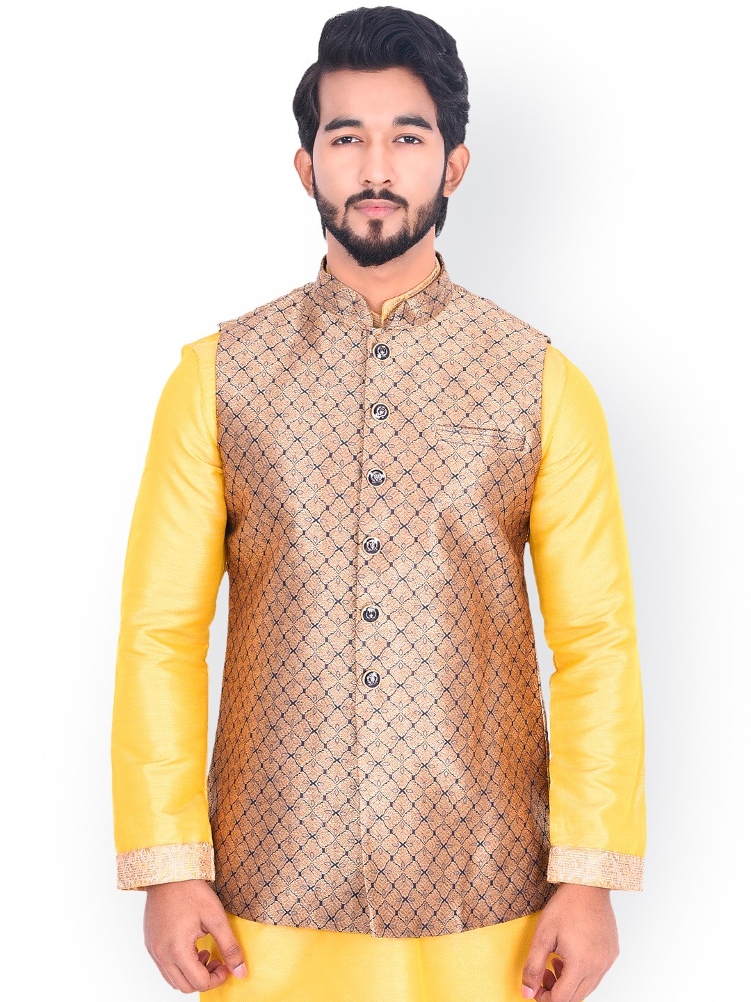 

Manyavar Men Beige & Blue Woven-Design Nehru Jacket