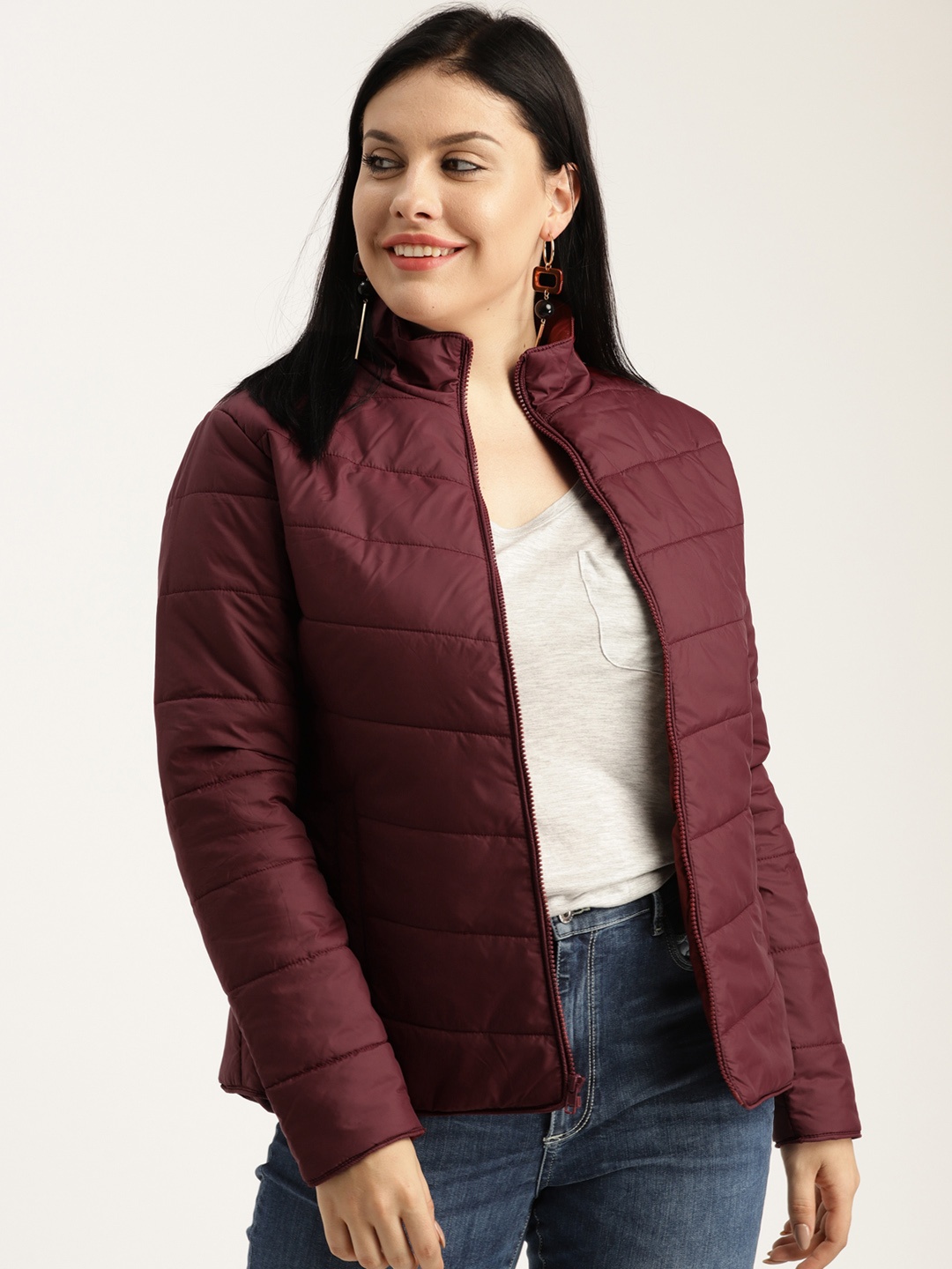 

Sztori Plus Size Women Burgundy Solid Padded Jacket