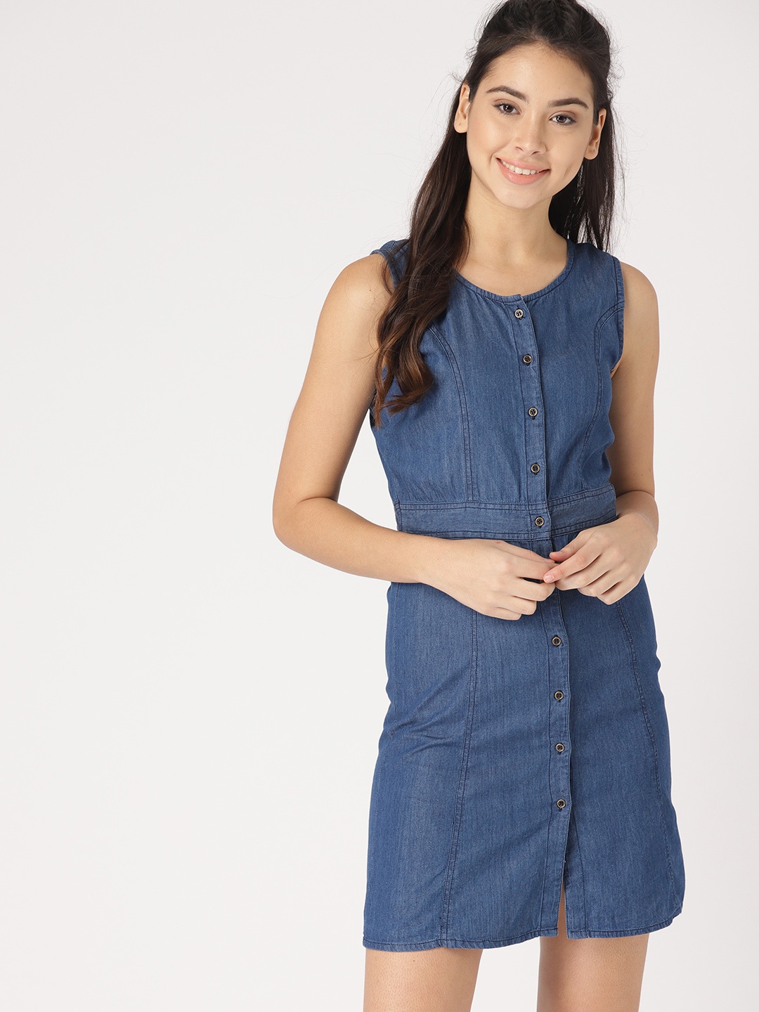 

DressBerry Women Navy Blue Solid Chambray Shirt Dress