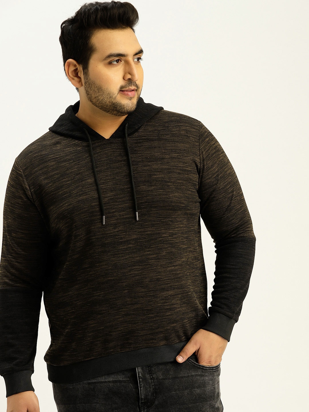 

Sztori Plus Size Men Olive Green Black Solid Hooded Sweatshirt