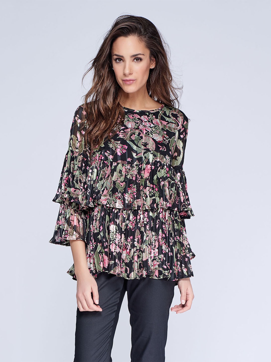 

NIZA Women Black Printed Tiered Top