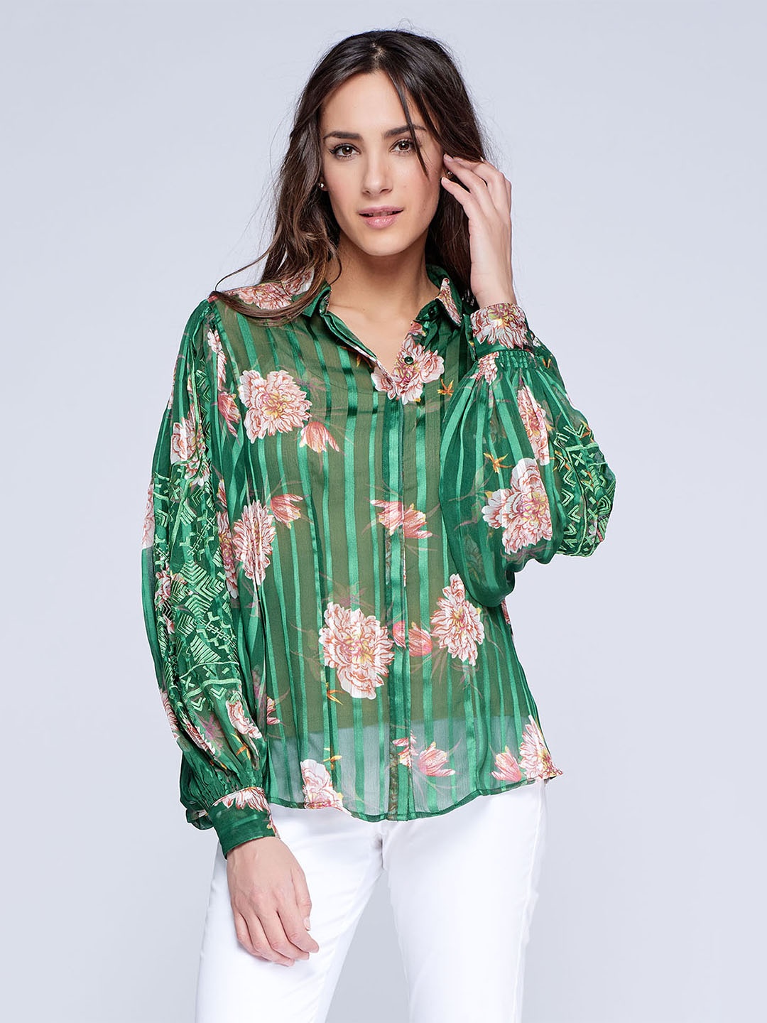 

NIZA Women Green Floral Print Shirt Style Top