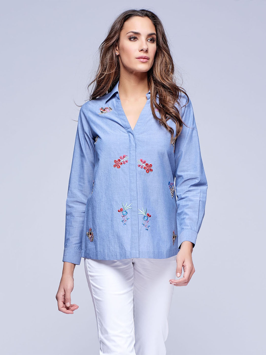 

NIZA Women Blue Embroidered Shirt Style Pure Cotton Top