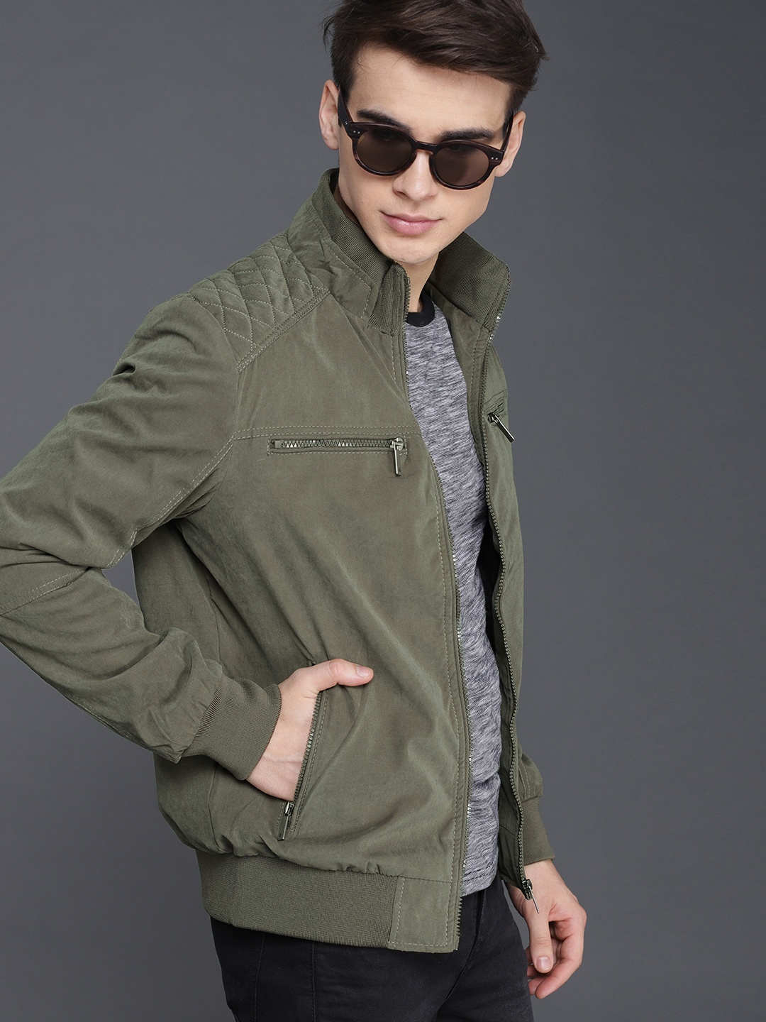 

WROGN Men Olive Green Solid Bomber