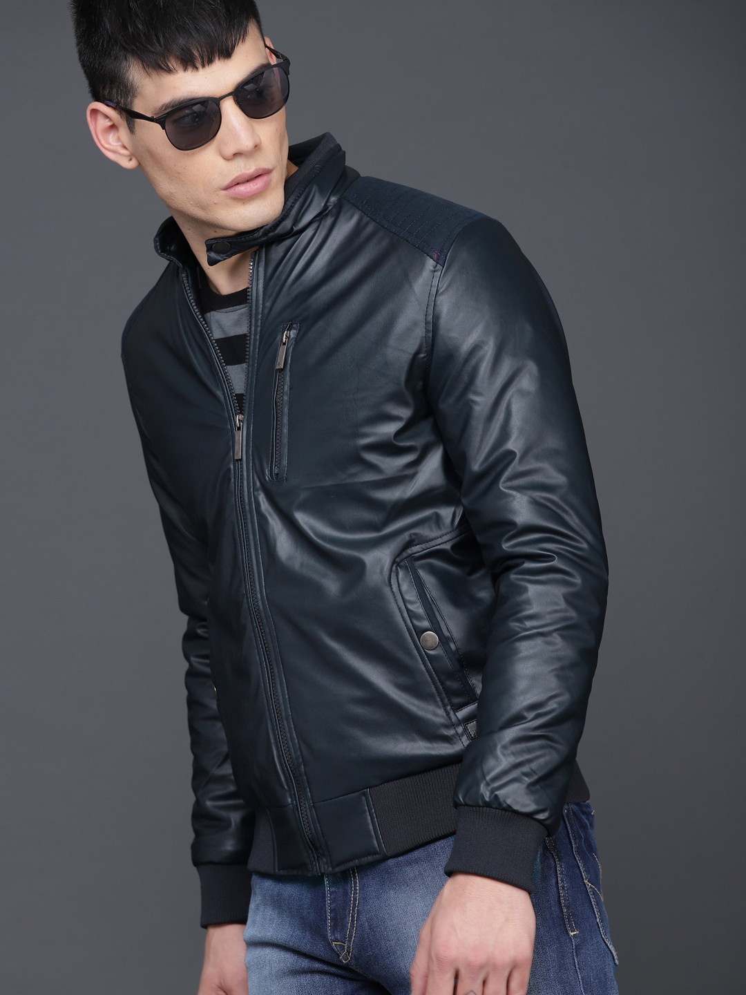 

WROGN Men Navy Blue Solid Bomber