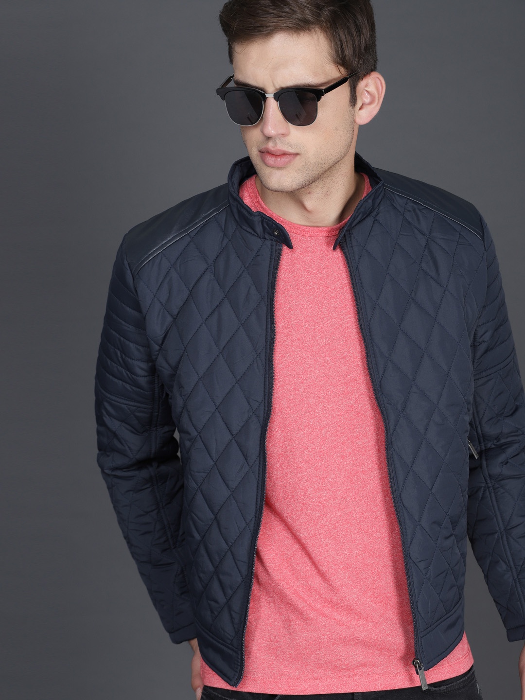 

WROGN Men Navy Blue Solid Quilted Jacket