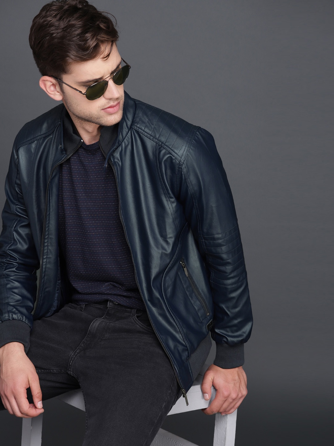 

WROGN Men Navy Blue Biker Jacket