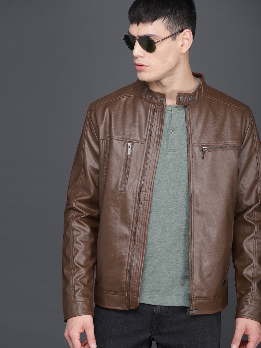 

WROGN Men Brown Solid Faux Leather Jacket