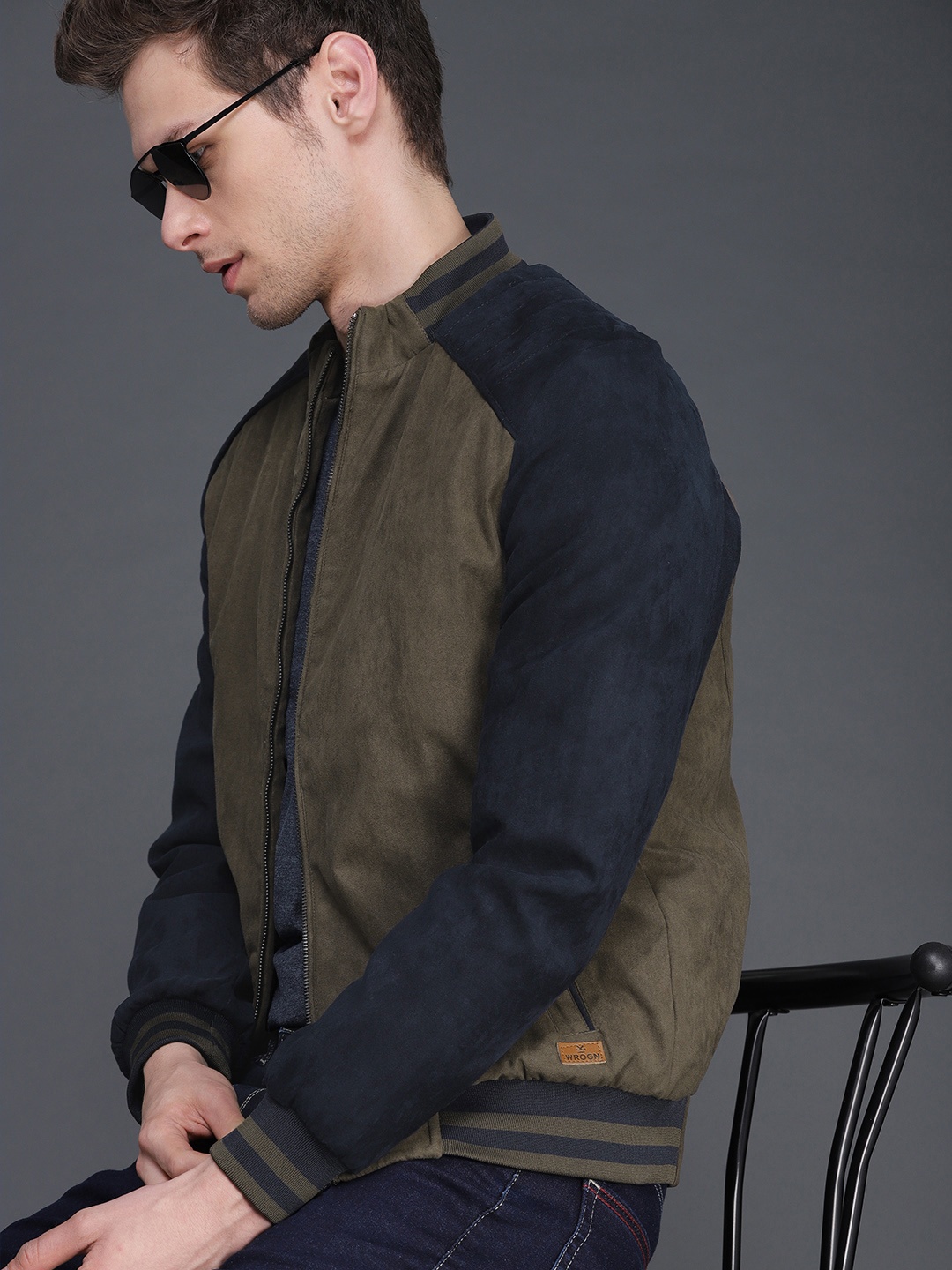 

WROGN Men Olive Green & Navy Blue Solid Bomber