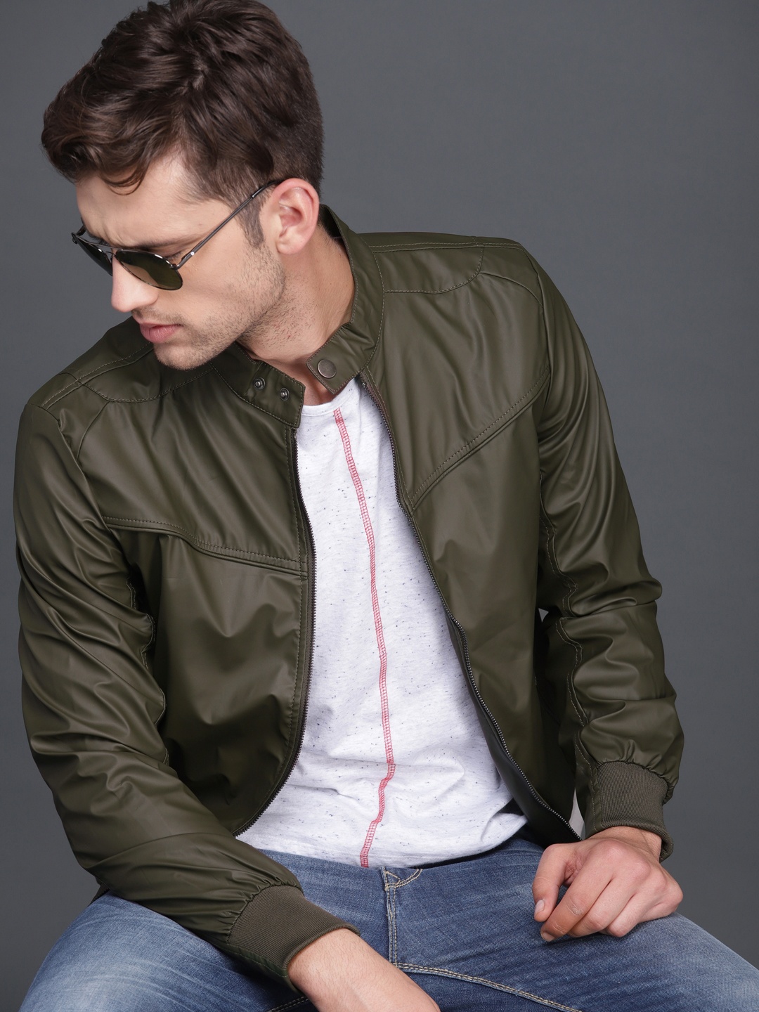 

WROGN Men Olive Green Solid Bomber