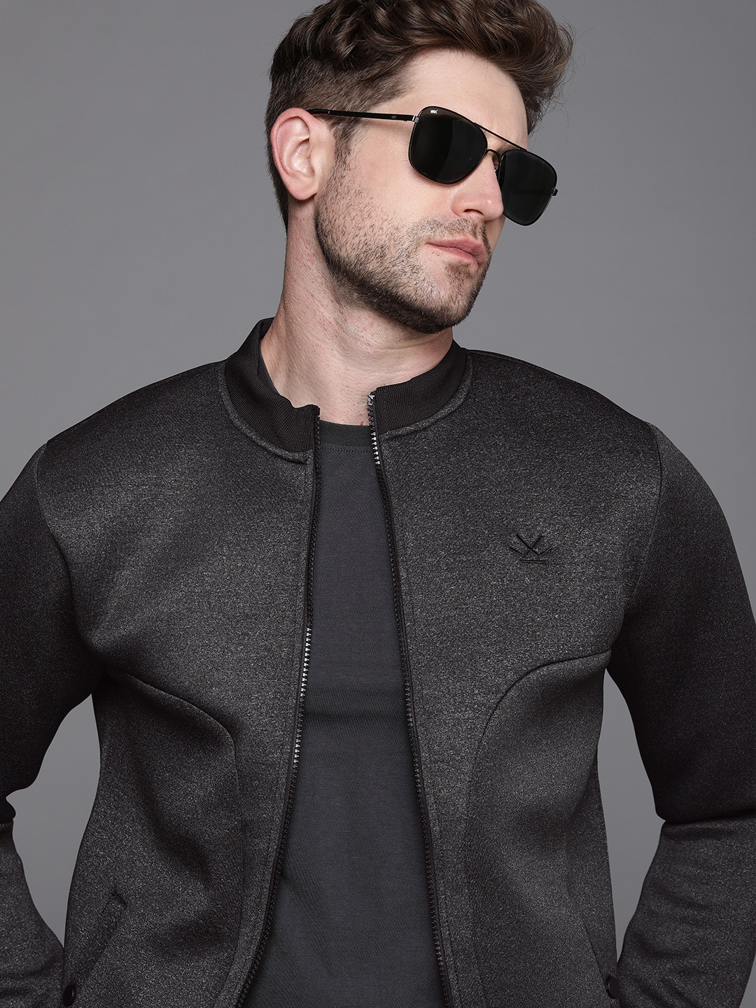 

WROGN Men Charcoal Grey Solid Bomber Jacket