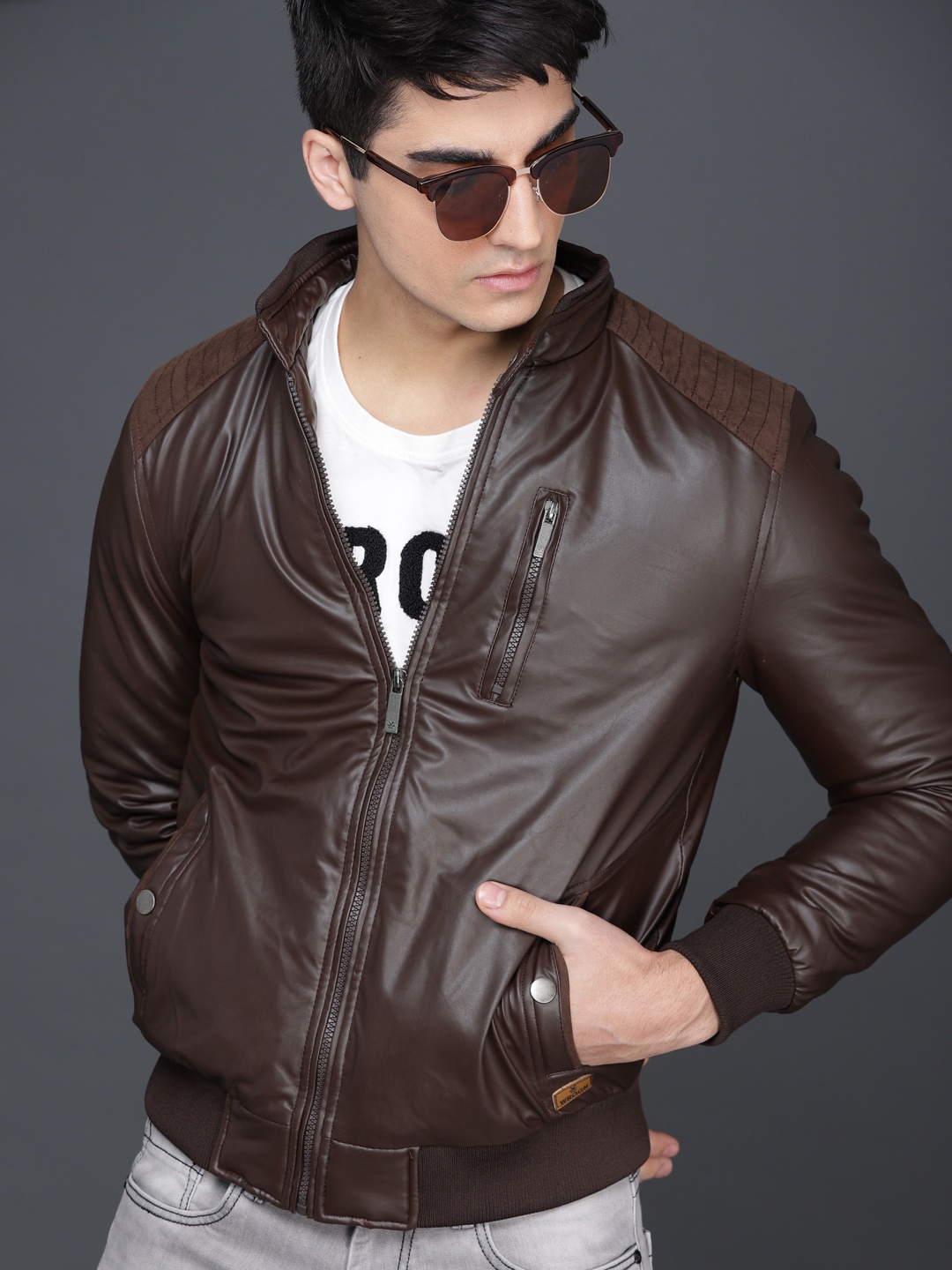 

WROGN Men Brown Solid Biker Jacket