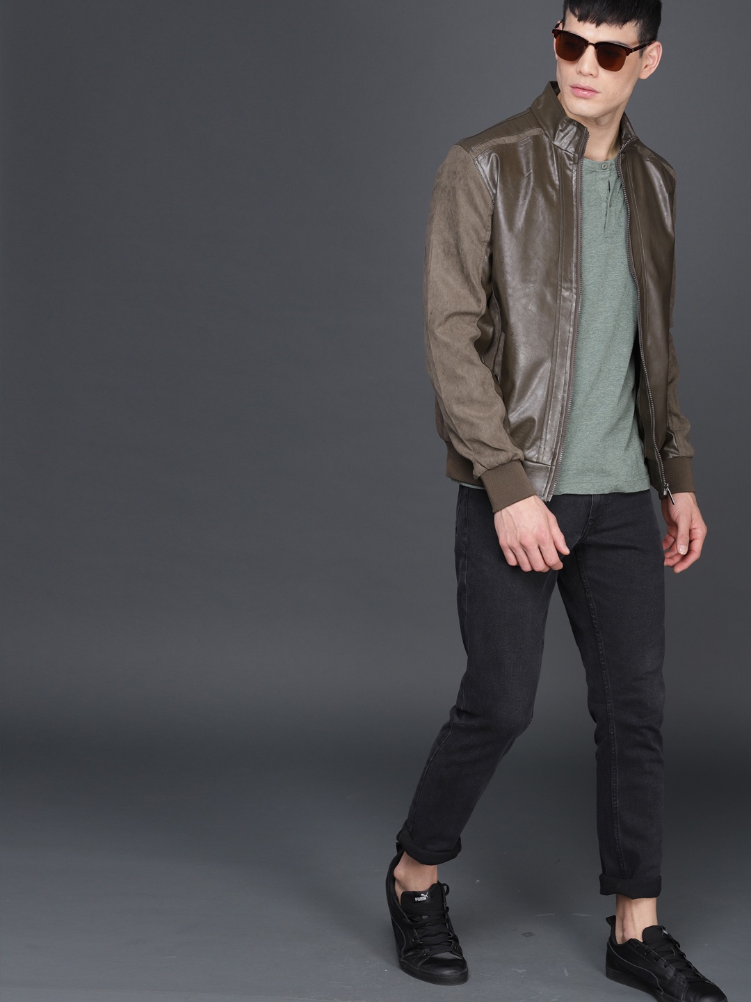 

WROGN Men Brown & Olive Green Colourblocked Tailored Jacket