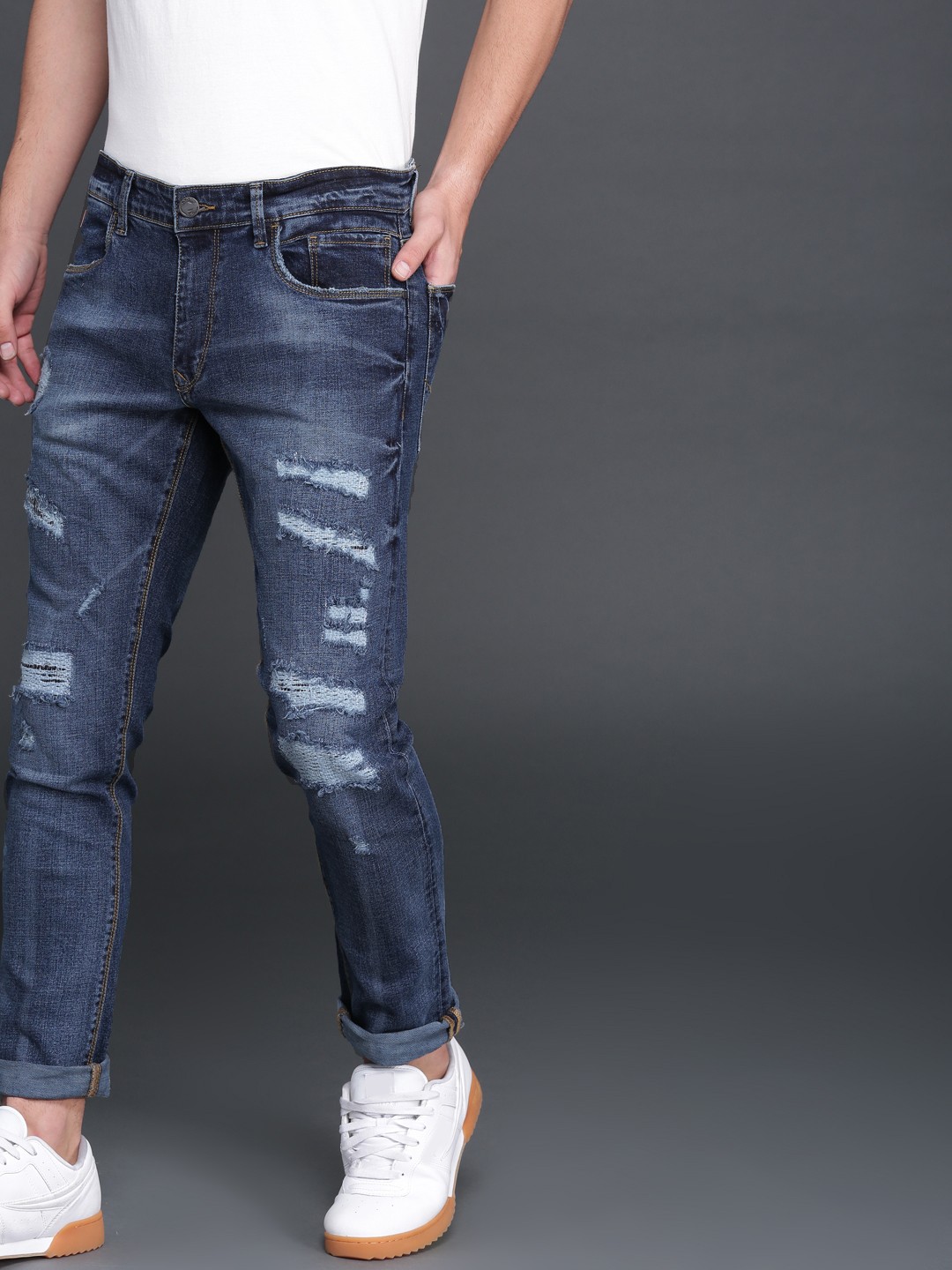 

WROGN Men Blue Slim Fit Mid-Rise Highly Distressed Jeans