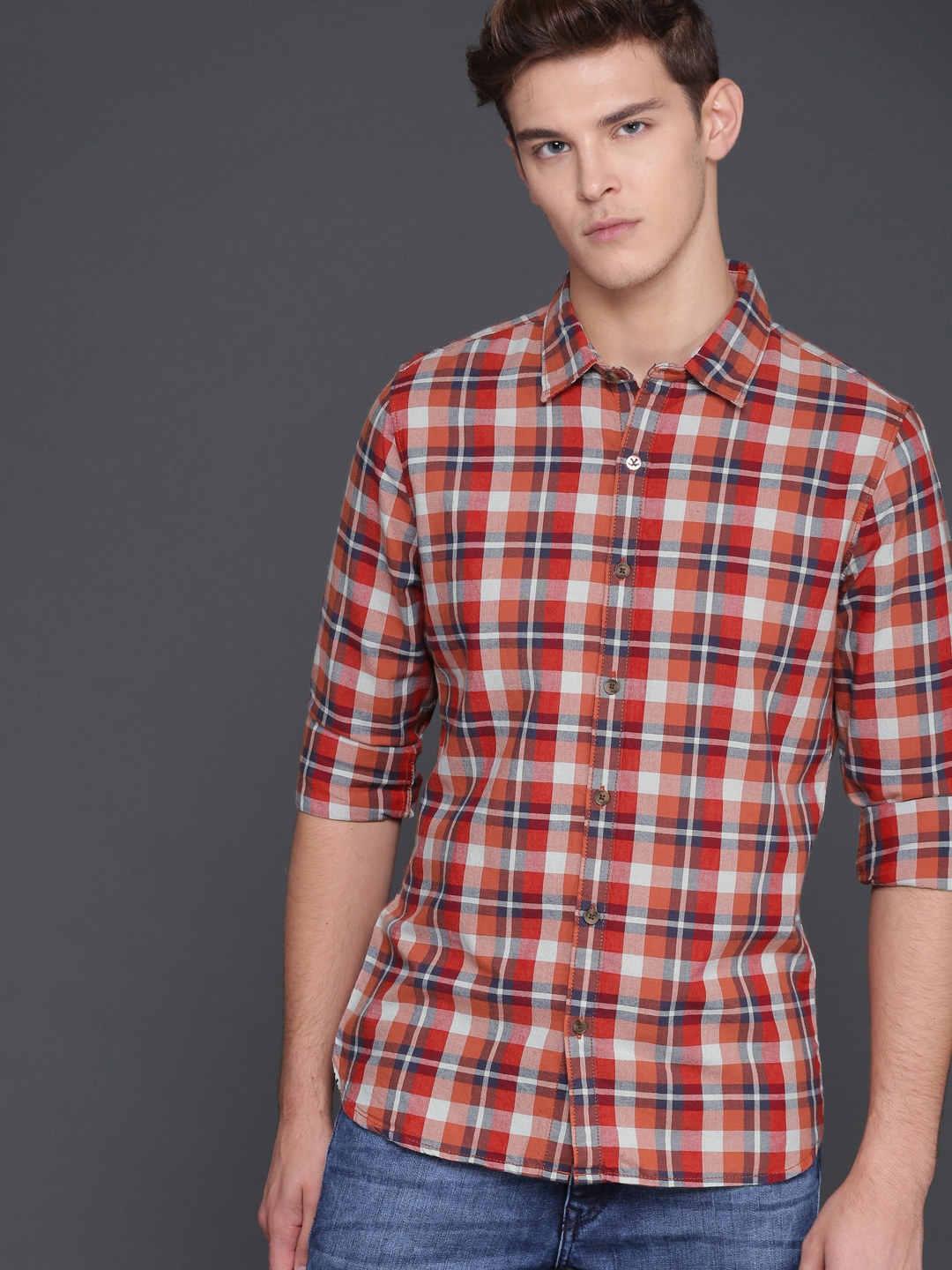 

WROGN Men Orange & Blue Slim Fit Checked Casual Shirt