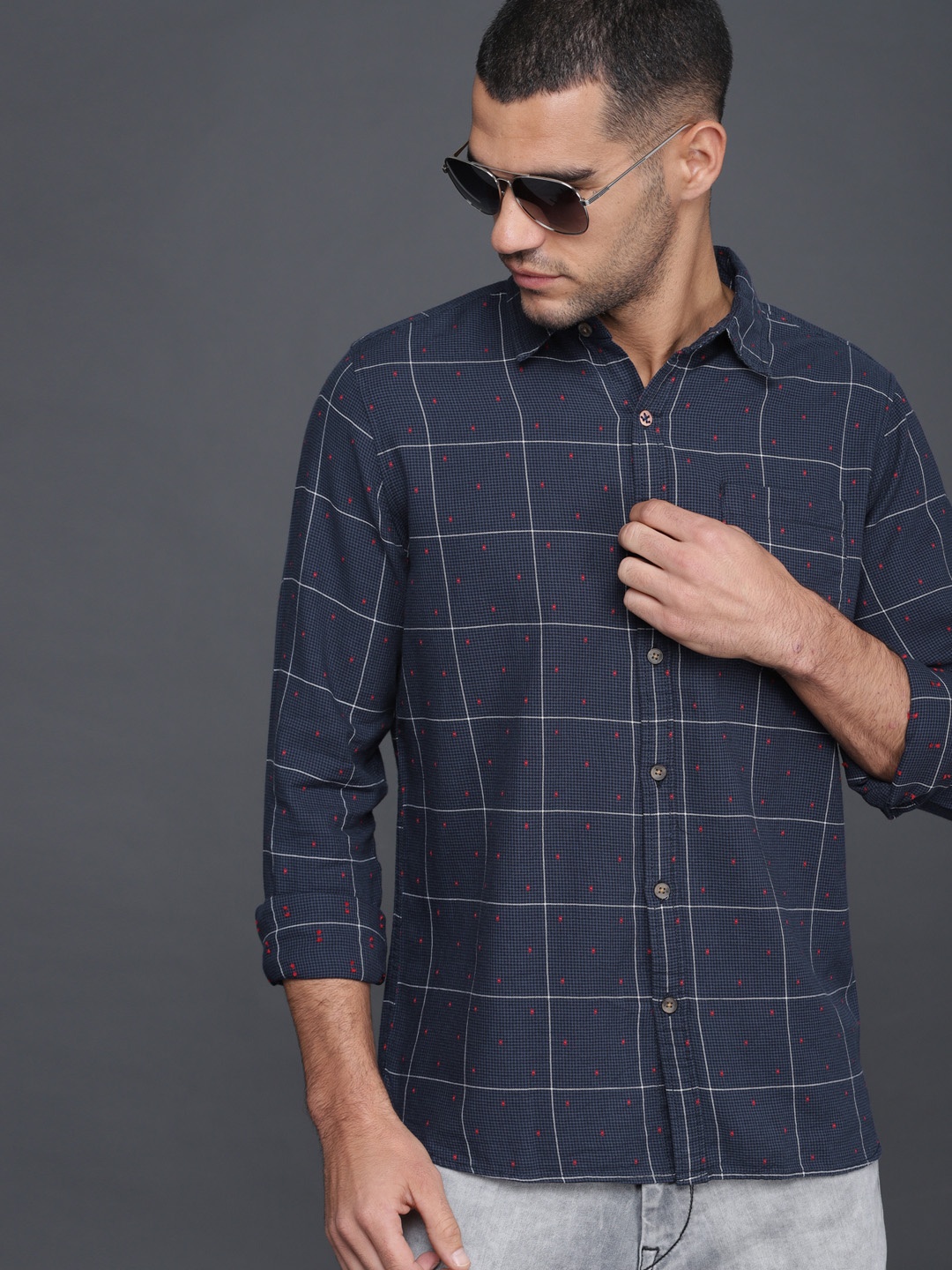 

WROGN Men Navy Blue Smart Regular Fit Checked Casual Shirt