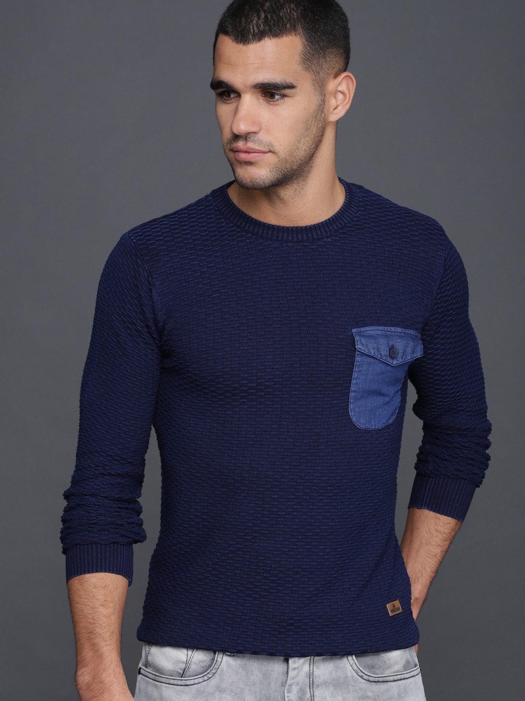 

WROGN Men Blue Self Design Pullover