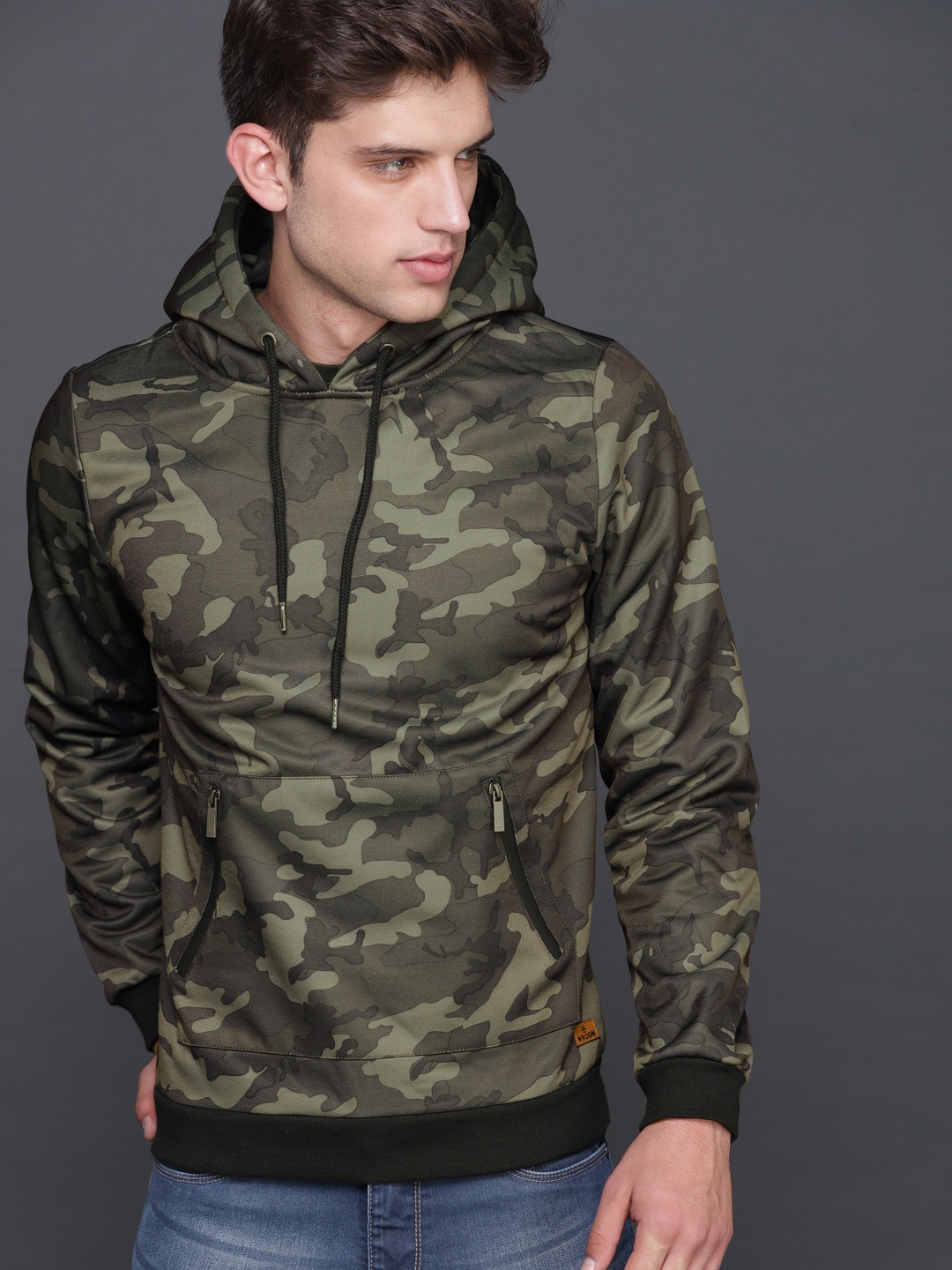 

WROGN Men Green Camouflage Printed Hooded Sweatshirt