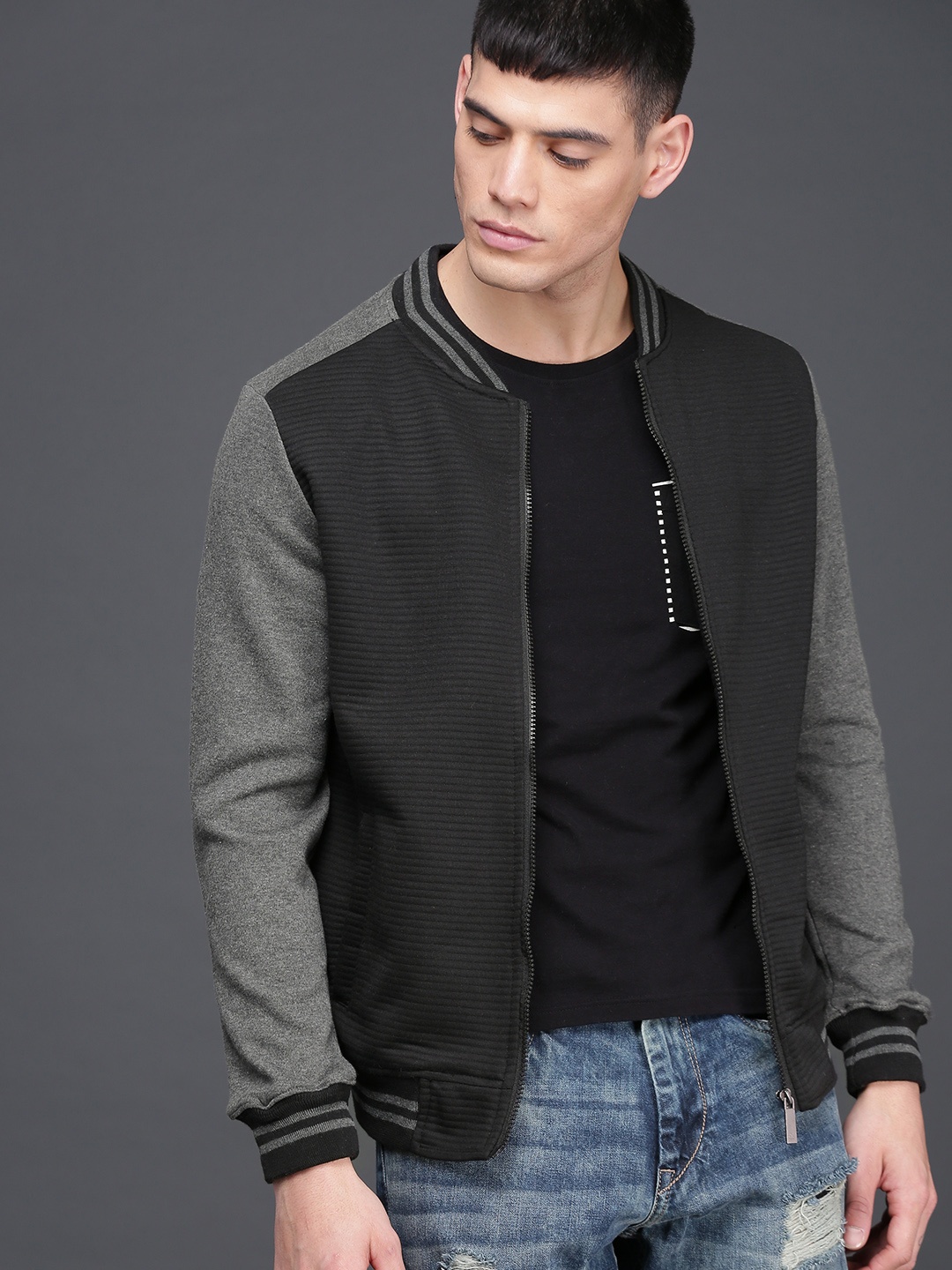 

WROGN Men Black & Grey Striped Sweatshirt