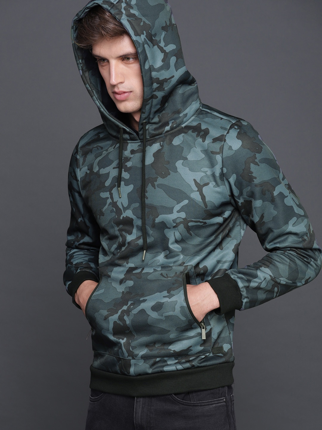 

WROGN Men Charcoal Grey & Black Camouflage Printed Hooded Sweatshirt