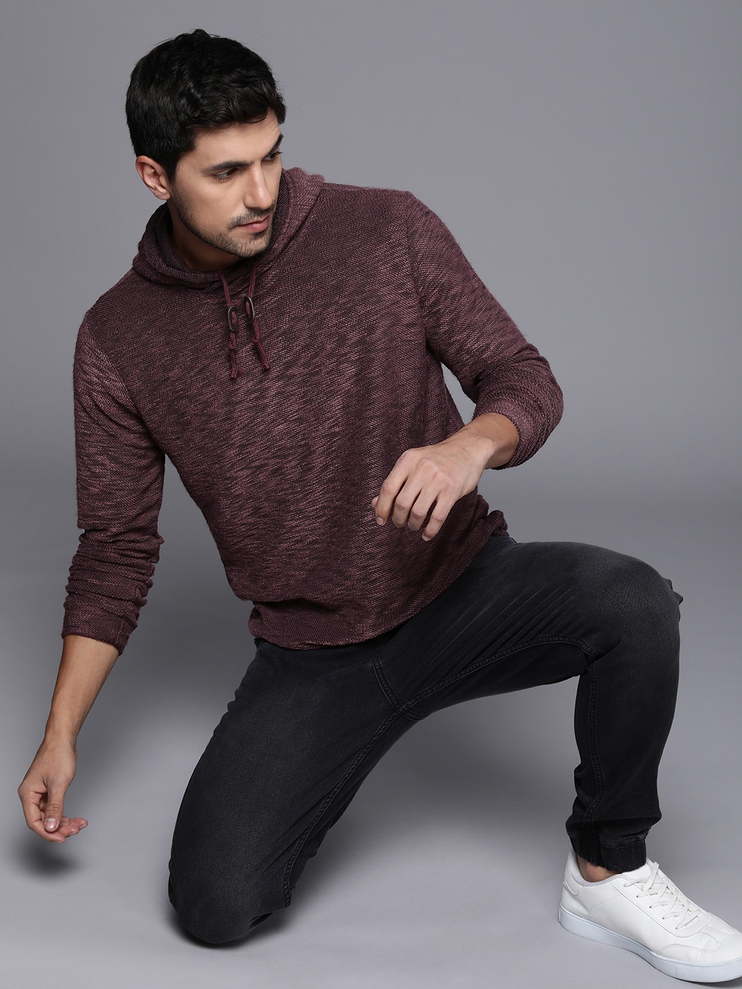 

WROGN Self-Design Textured Hooded Sweatshirt, Purple