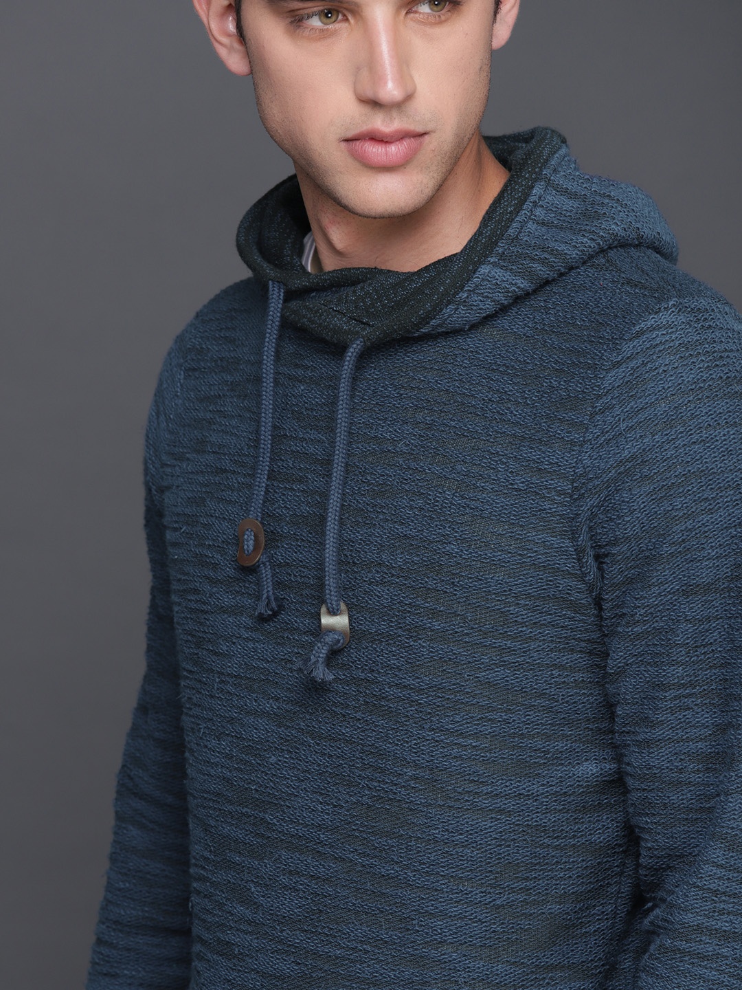

WROGN Men Blue Self-Design Hooded Sweatshirt