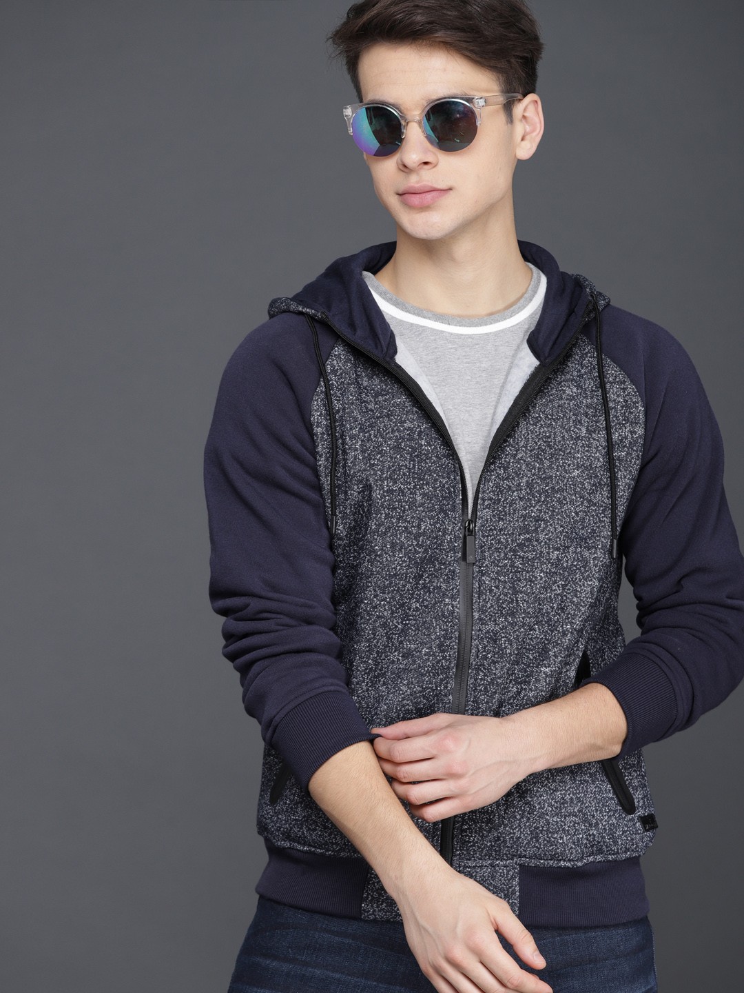 

WROGN Men Navy Blue Self Design Hooded Sweatshirt