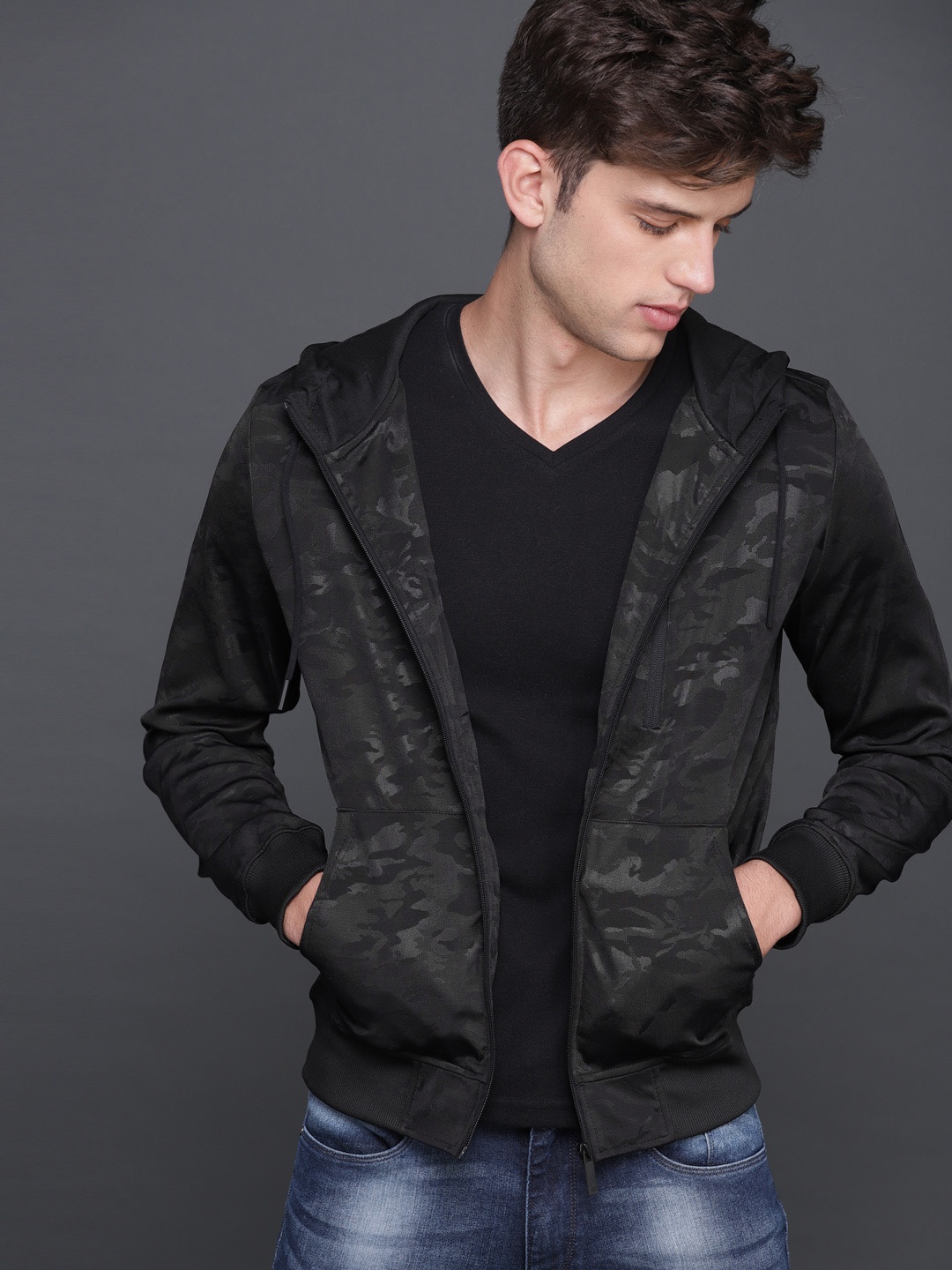 

WROGN Men Black Printed Hooded Sweatshirt