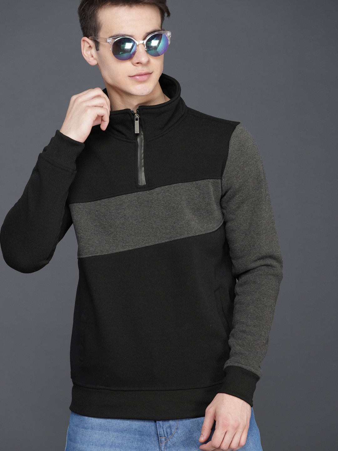 

WROGN Men Black & Grey Colourblocked Sweatshirt