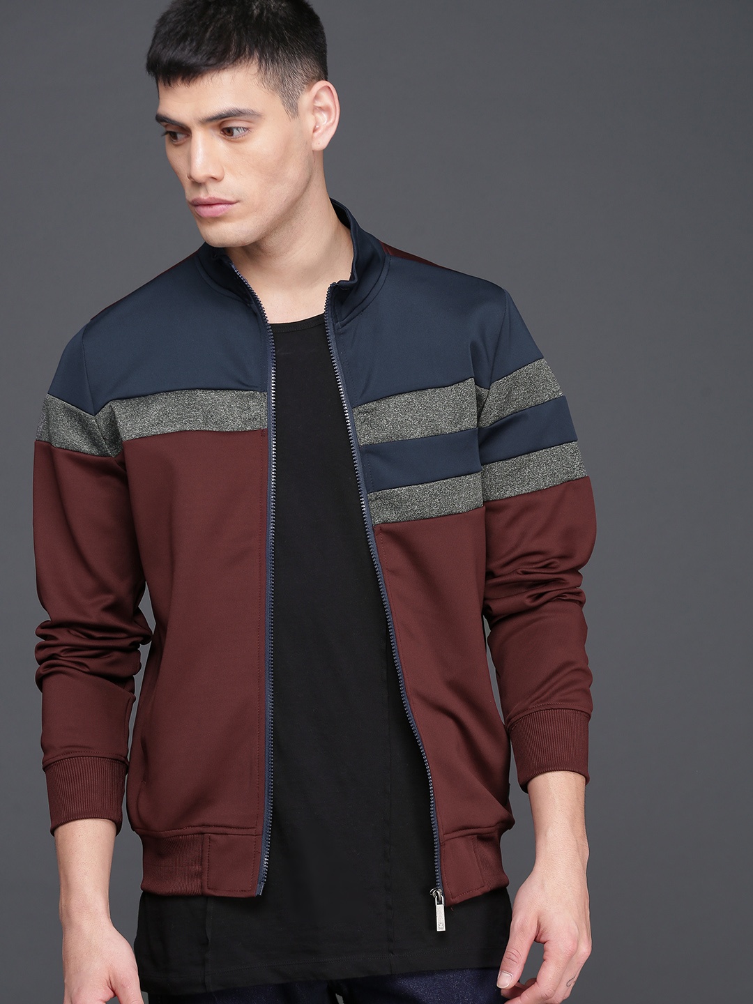 

WROGN Men Maroon & Navy Blue colorblocked Sweatshirt