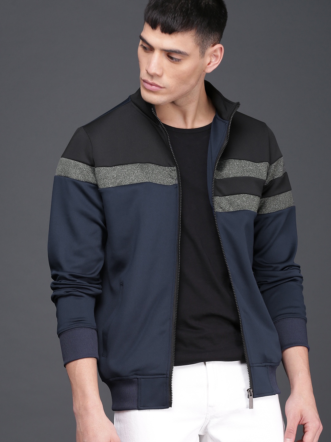 

WROGN Men Navy Blue & Black colorblocked Sweatshirt